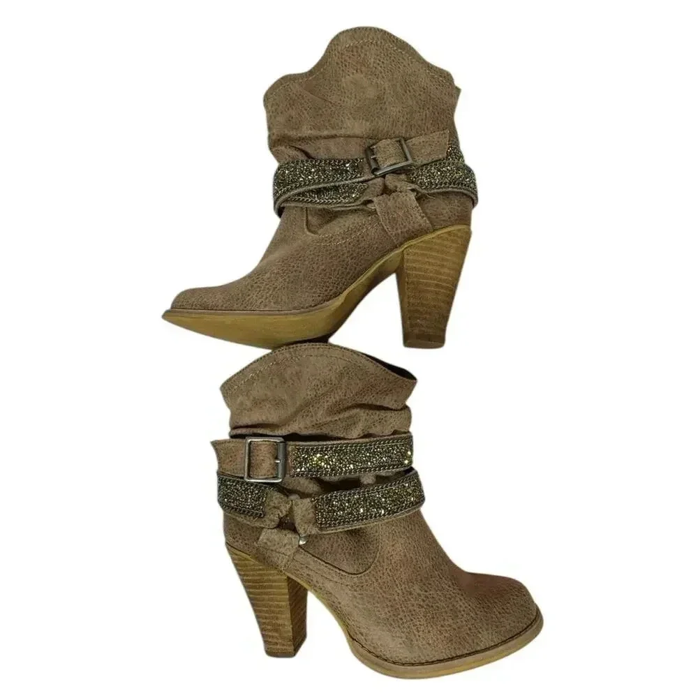 Not Rated Brown western-style ankle boots with embellished straps. Size 8